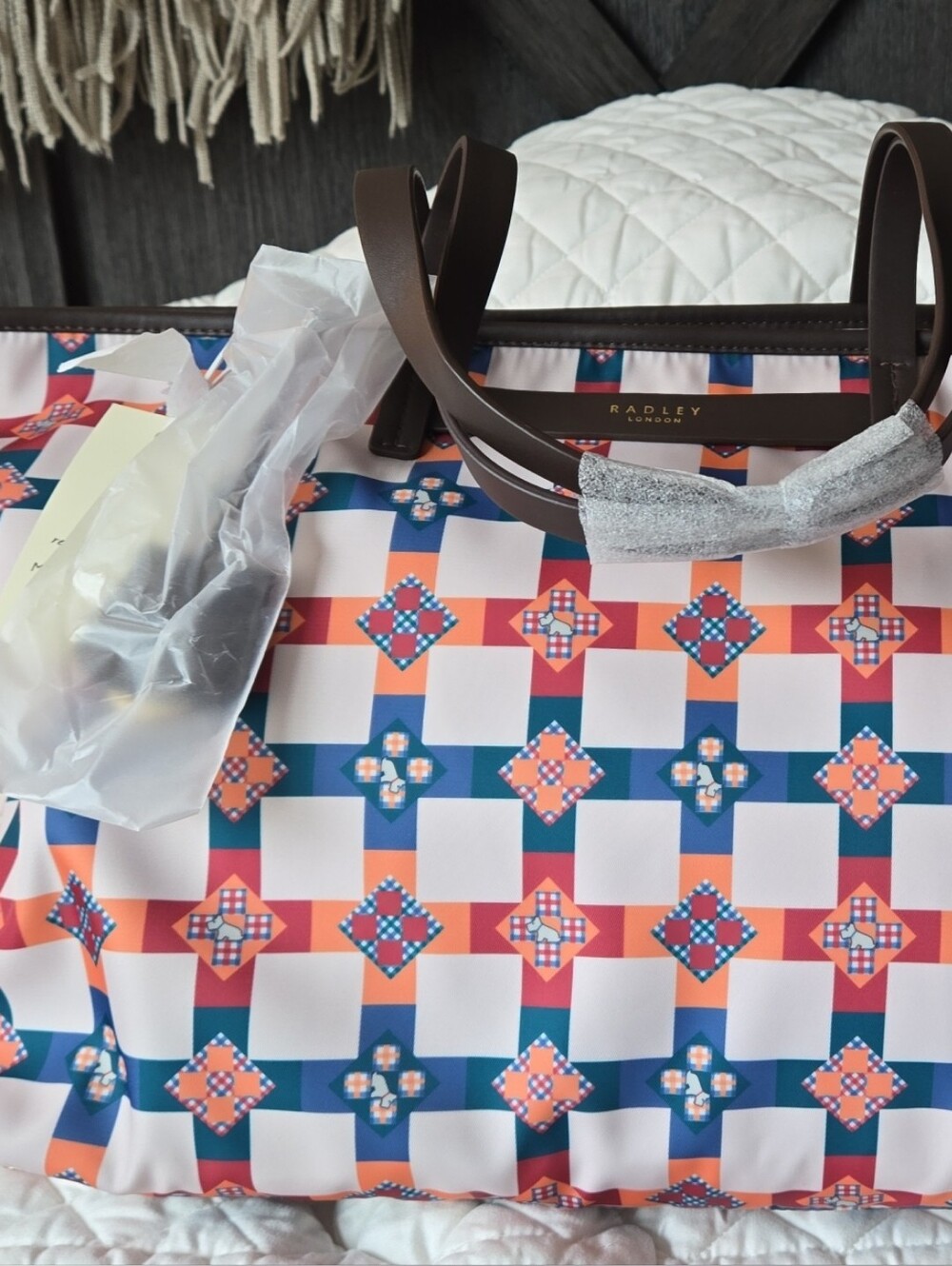 RADLEY LONDON Navy, Orange, Pink and White Geometric Tote